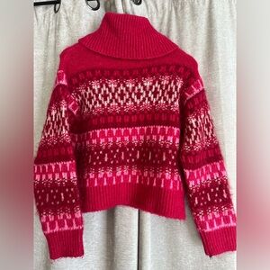 Fair Isle Mohair Chunky Turtleneck Sweater Pink and Red Size Small